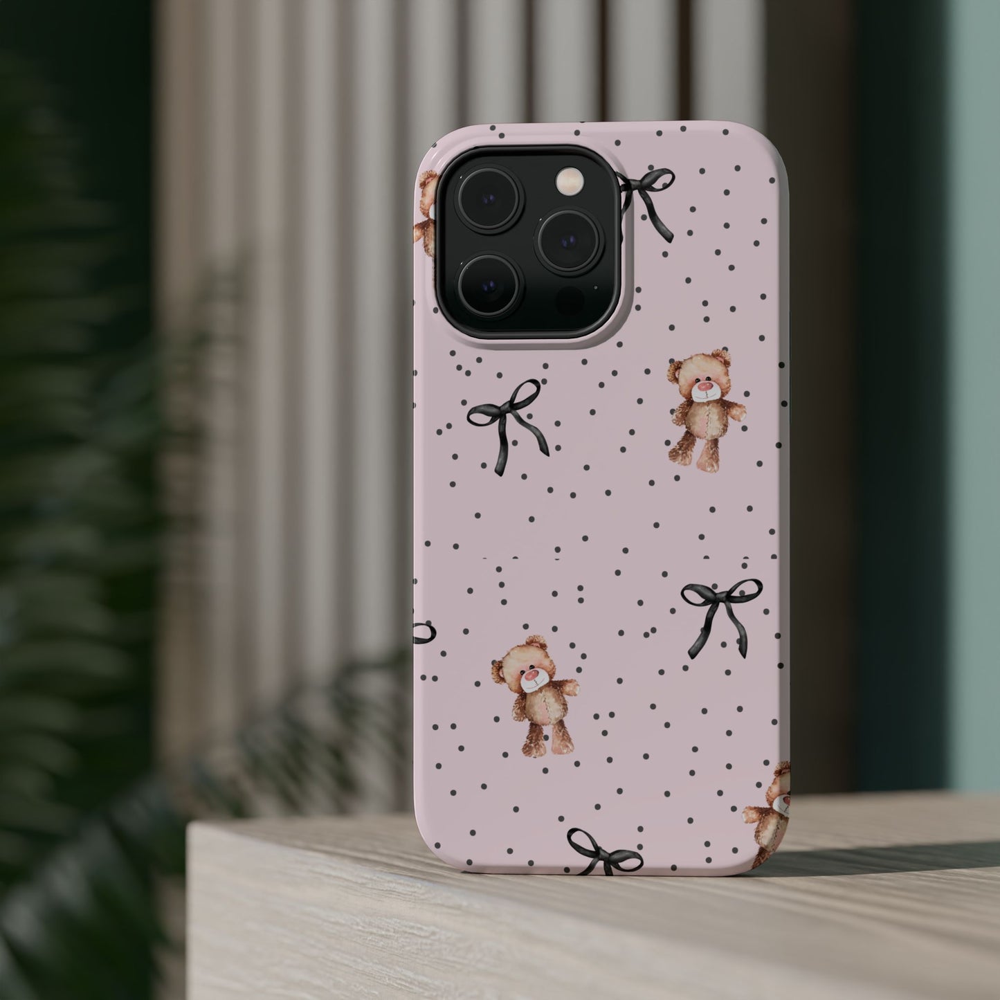 Teddy Bear Black Bow Pink MagSafe Phone Case