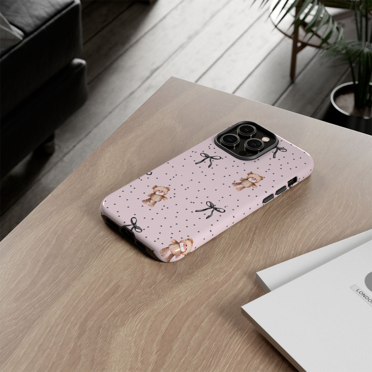 Teddy Bear Black Bow Pink Phone Case