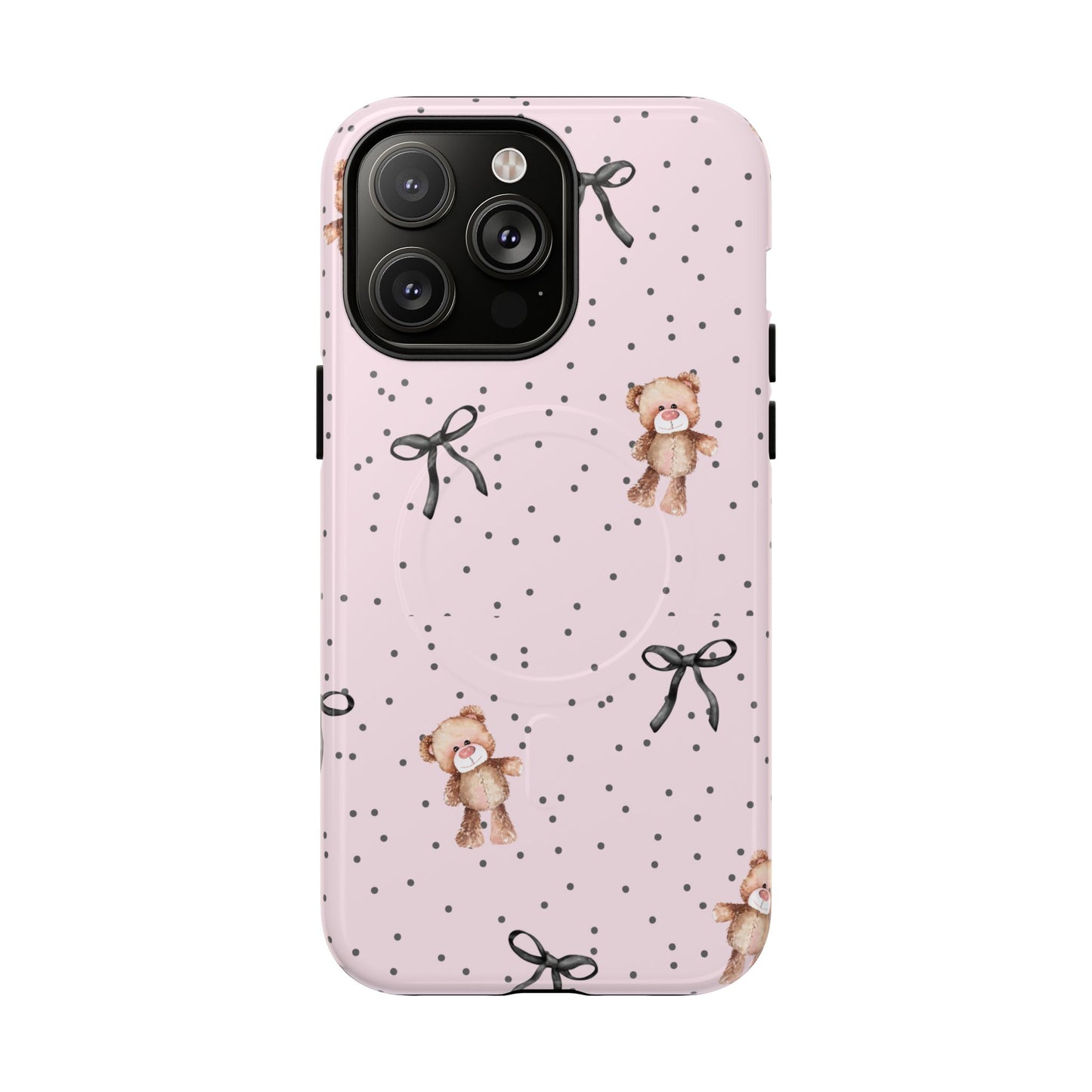 Teddy Bear Black Bow Pink MagSafe iPhone Case