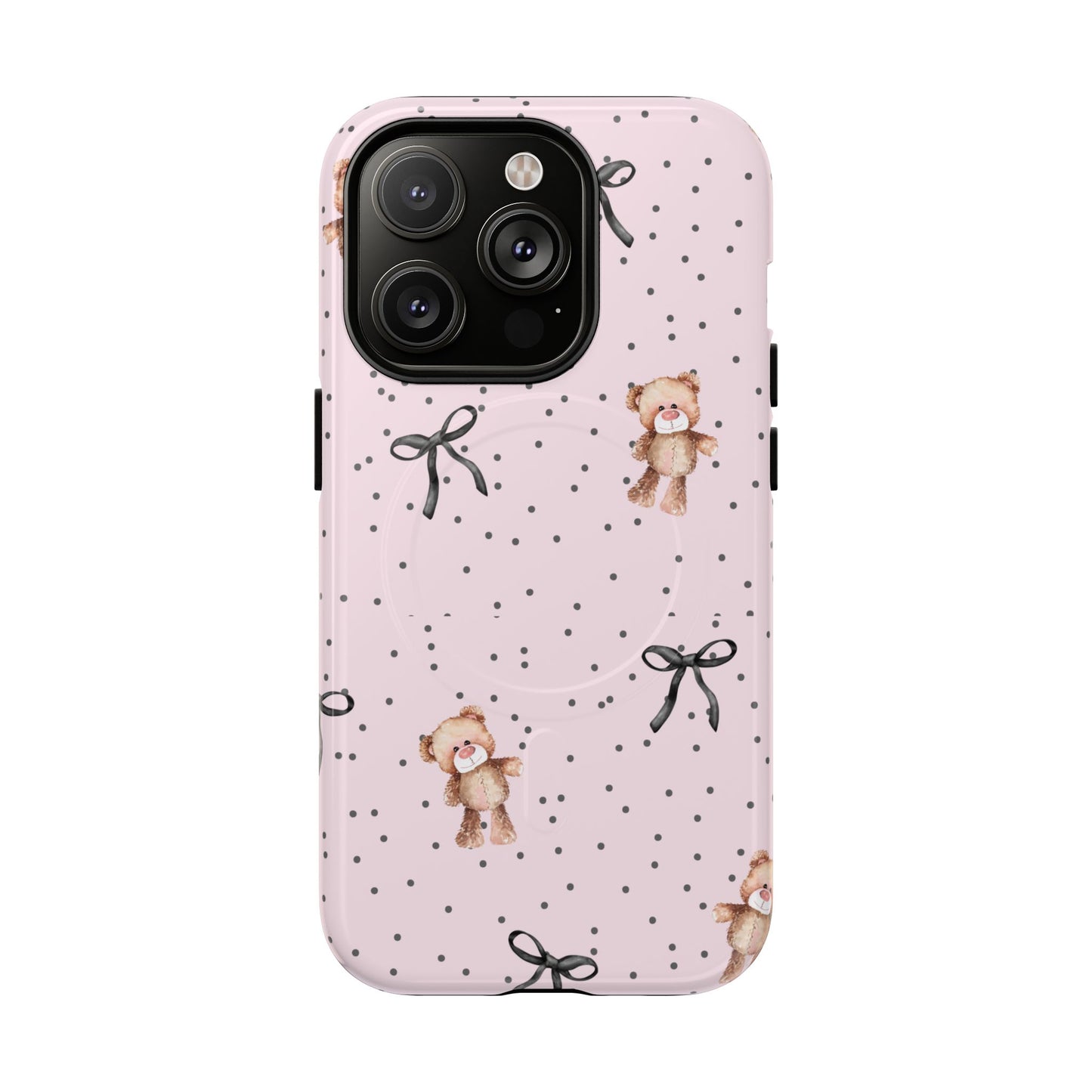 Teddy Bear Black Bow Pink MagSafe iPhone Case