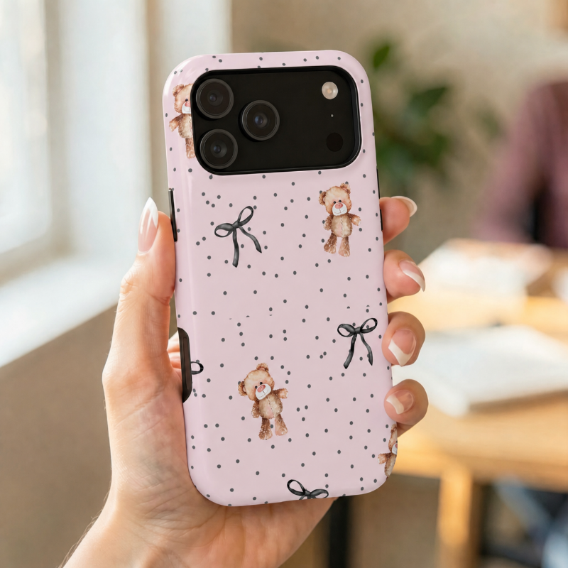 Teddy Bear Black Bow Pink MagSafe Phone Case