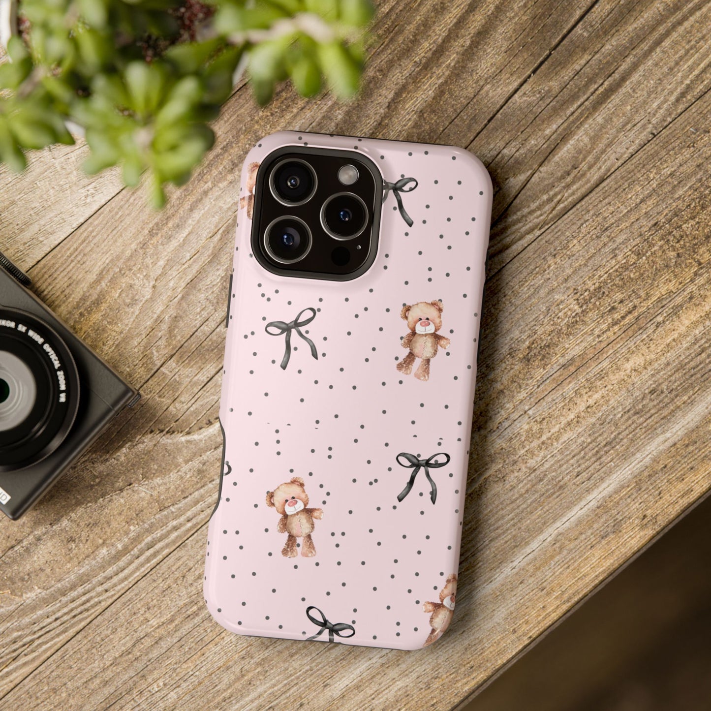Teddy Bear Black Bow Pink MagSafe Phone Case
