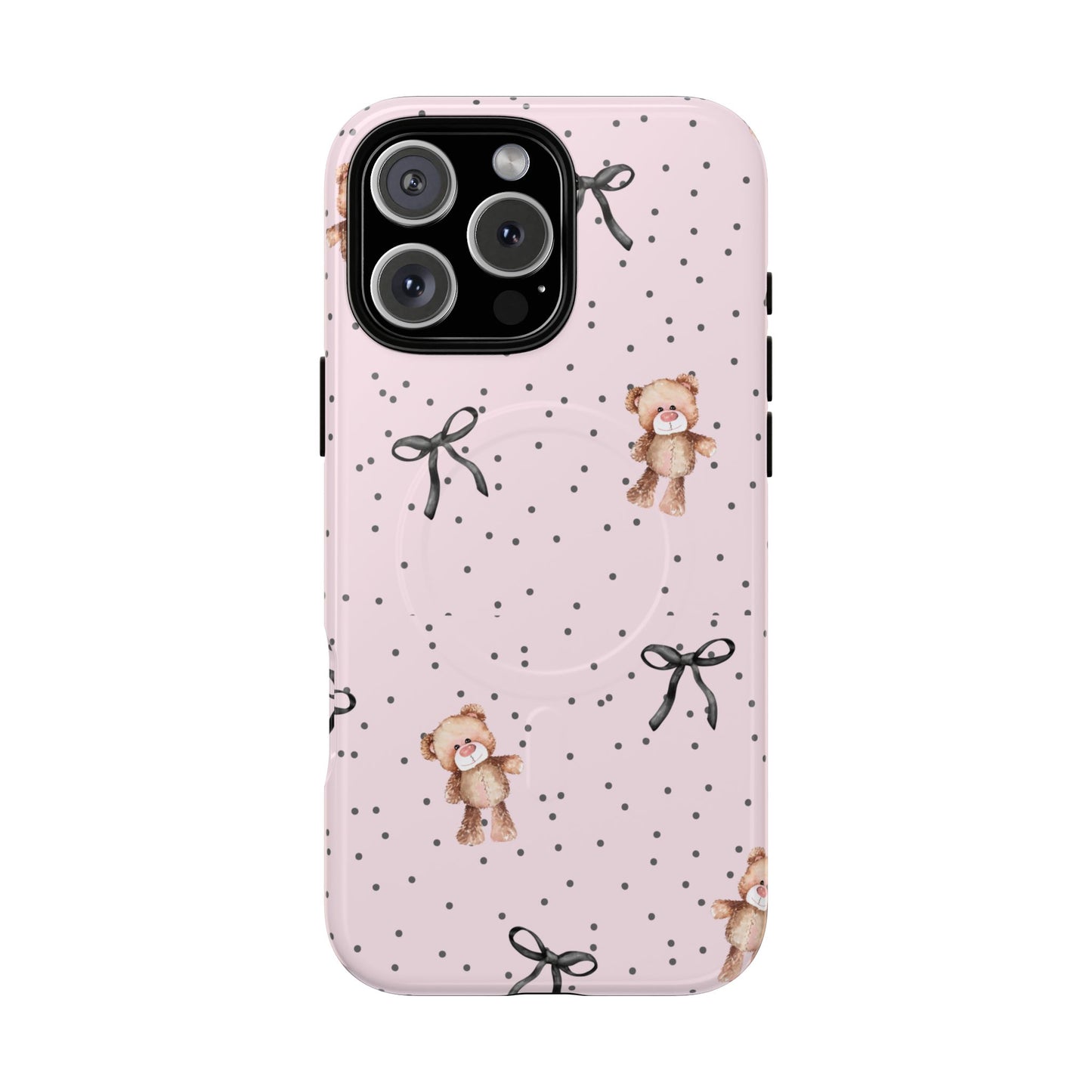 Teddy Bear Black Bow Pink MagSafe iPhone Case